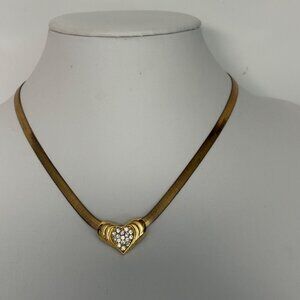 Removable Gold Tone Heart Pendant Necklace Rhinestone Accents Herringbone Chain